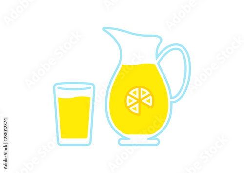 Refreshing lemonade illustration. Glass with straw and pitcher with lemons and ice cubes. Retro style illustration with vintage texture.