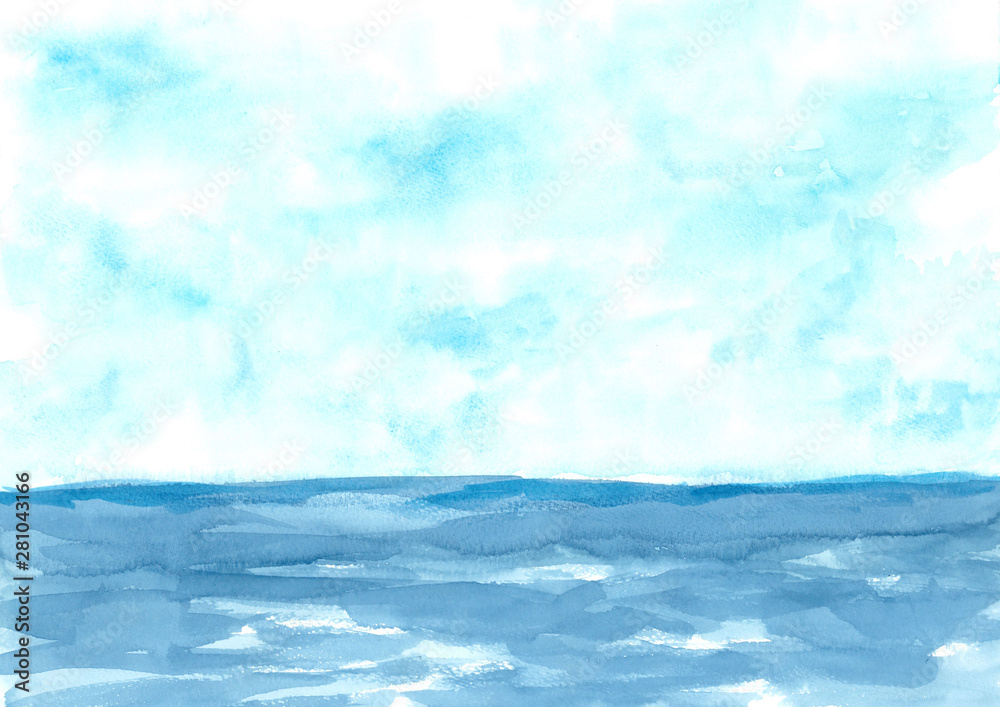 hand drawn watercolor illustration of blue sky and sea, natural landscape background