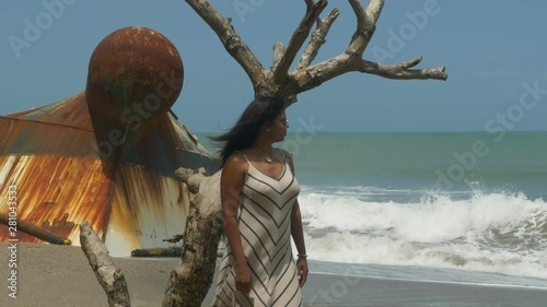 A female model enjoying the waves crashing at her feet with a shipwreck in the background photo