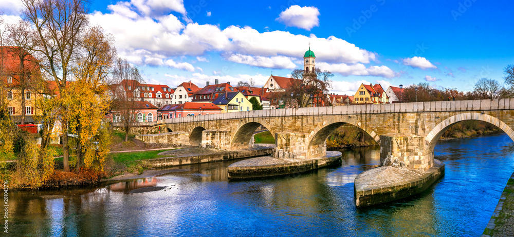 Beautiful towns of Germany - scenic Regensburg over Danube river. Bavaria