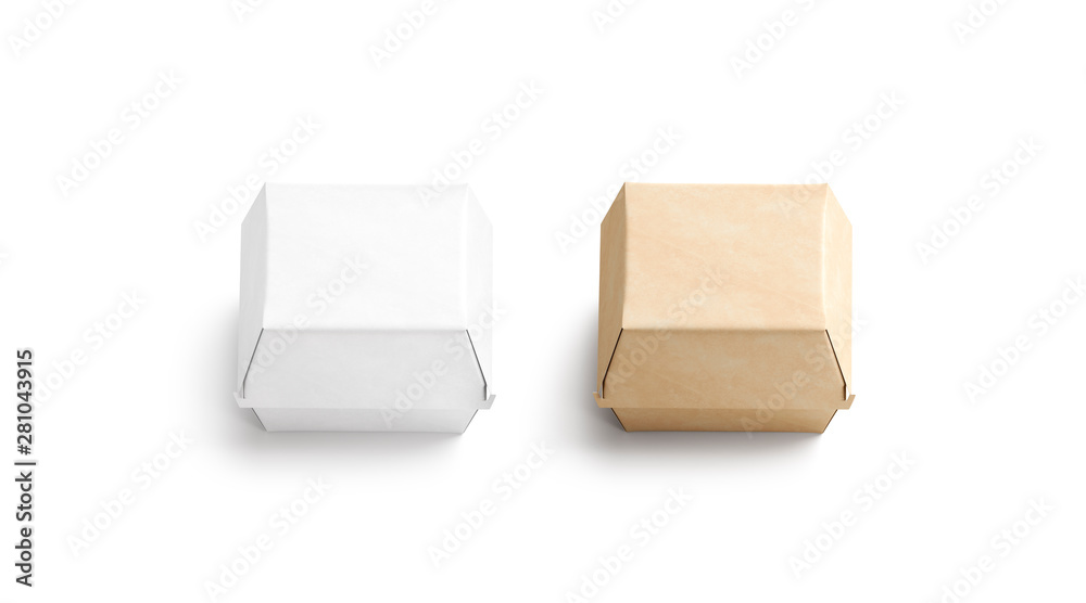 Blank craft and white burger box mockup set, isolated, 3d rendering. Empty fast food package mock up, top view. Clear portable carton container for cheeseburger or chicken wings template. - obrazy, fototapety, plakaty 