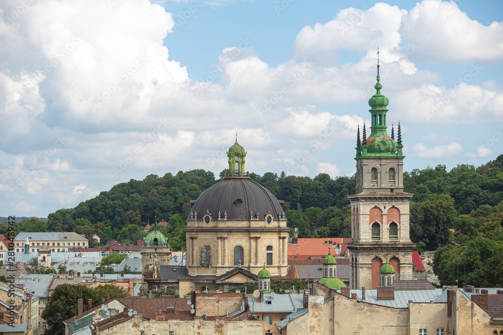 View on The Church of the Transfiguration in Lviv, Ukraine from drone