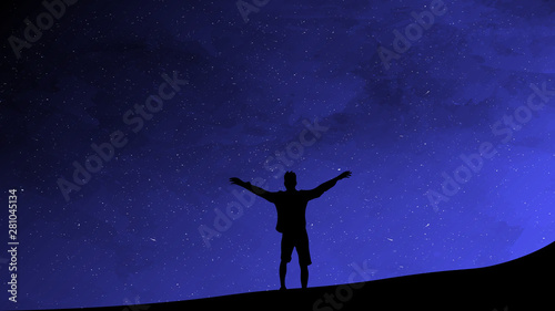 Silhouette of man on a background of the sky. Man enjoys freedom