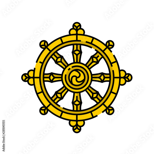 Dharma Wheel symbol. Gold Buddhism religion sign. Dharmachakra line icon. Vector illustration.