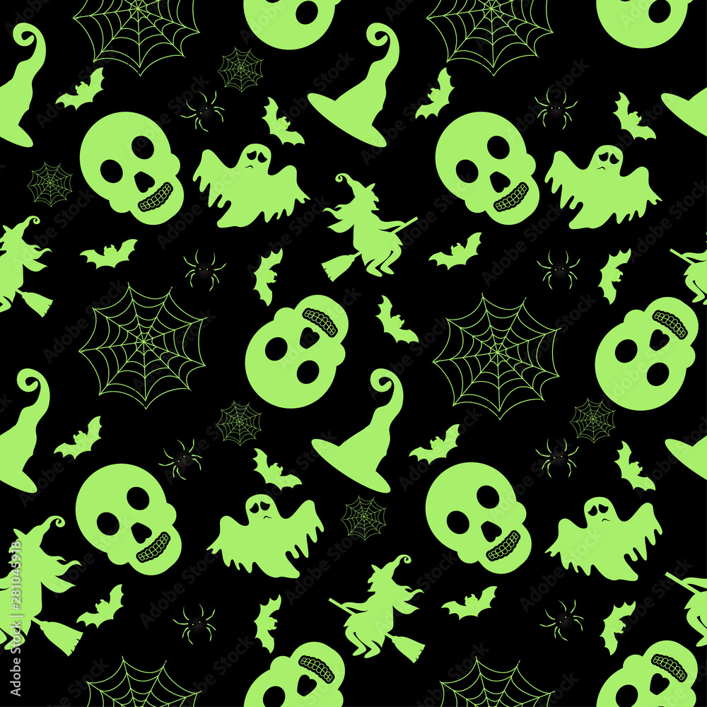 Naklejka premium Abstract seamless halloween pattern for girls or boys. Creative vector background with witch, bat, ghost. Funny pattern for textile and fabric. Fashion halloween witch style. Colorful bright picture