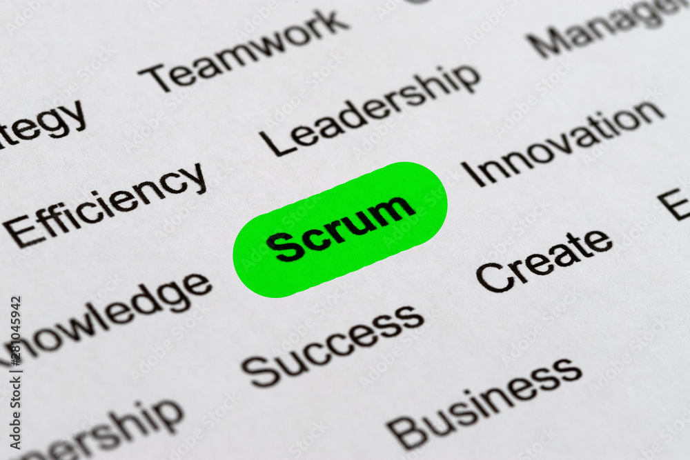Scrum - Project Management Buzzwords, Printed on White Paper and Highlighted Scrum - Project Management Buzzwords, Printed on White Paper and Highlighted