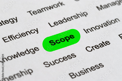 Scope - Project Management Buzzwords, Printed on White Paper and Highlighted photo