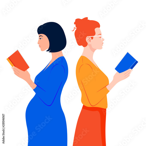 Two women stand in profile and read books. Girls of different nations hold books in their hands. Literary club. Vector flat illustration