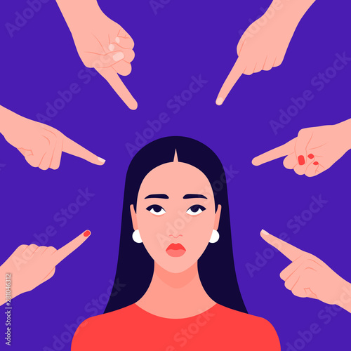 Hands of people point to the girl. Portrait of a non-confident woman. Opinion and the pressure of society. Shame. Vector flat illustration