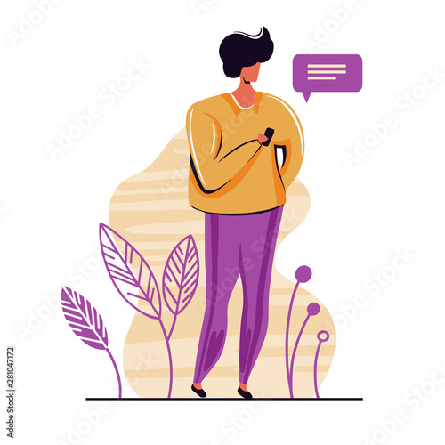 Young man chatting on social media network with friends. Using smartphone for surfing on web,boy addicted to internet and digital gadgets.Vector illustration with flat cartoon character.