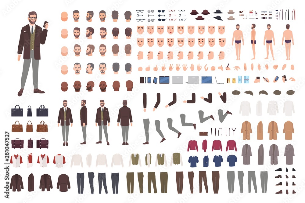 Elegant bearded man in suit animation set or constructor kit. Bundle of body parts, postures, hairstyles, formal clothes. Male cartoon character. Front, side, back views. Flat vector illustration.