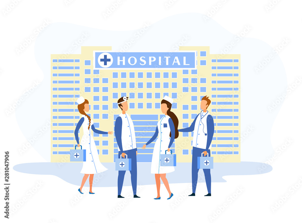 Hospital Building Facade and Medical Staff Cartoon Hospital Building Facade and Medical Staff Cartoon