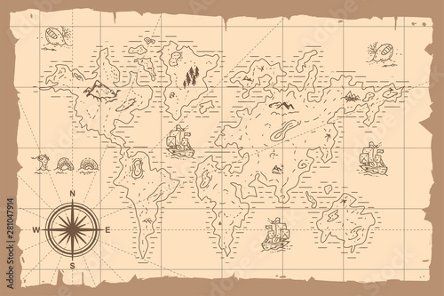 Vintage world map vector cartoon hand drawn illustration.