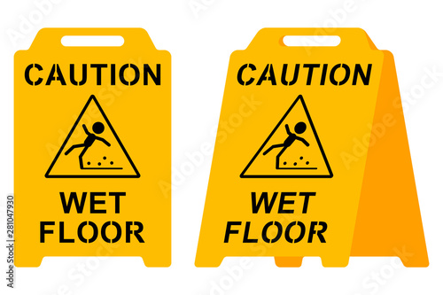 Caution wet floor yellow sign vector illustration isolated on white background.
