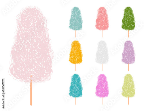 Cotton candy vector cartoon set in different color isolated on a white background.