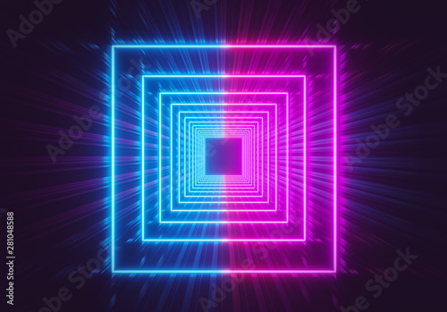 Glowing neon lights square tunnel abstract background. pink and blue vibrant colors. 3d rendering