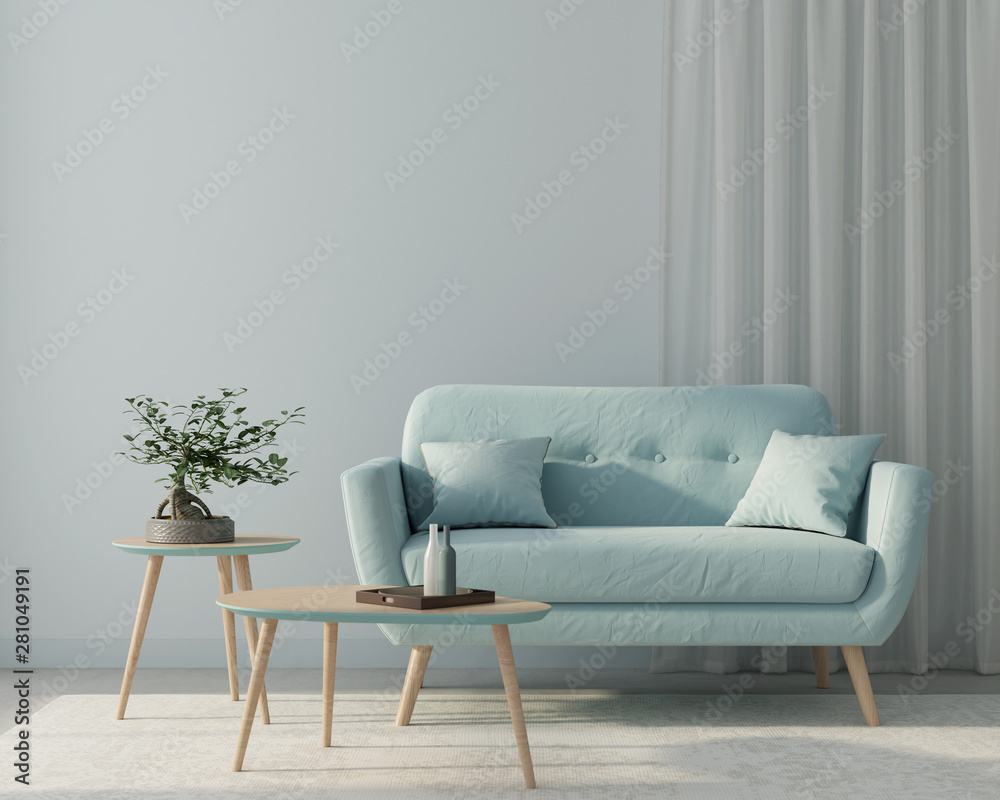 Living room with a blue sofa and a stylish wooden tables. 3d render - obrazy, fototapety, plakaty 
