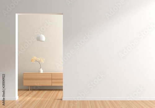 Fototapeta Naklejka Na Ścianę i Meble -  Empty wall mock up in Scandinavian style interior with wooden furnitures. Minimalist interior design. 3D illustration.