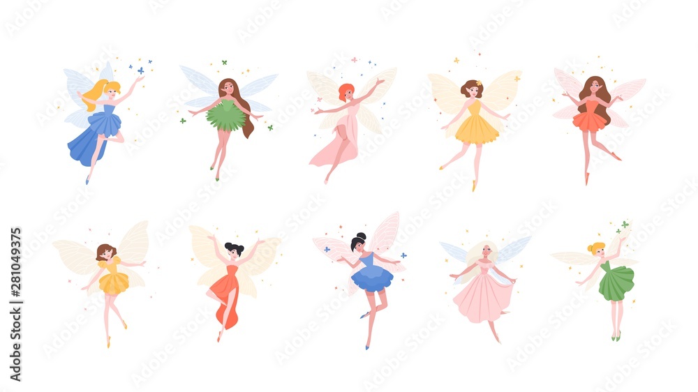 Bundle of funny gorgeous fairies in different dresses isolated on white  background. Set of mythological or folkloric winged magical creatures,  flying fairytale characters. Flat vector illustration. Stock Vector | Adobe  Stock