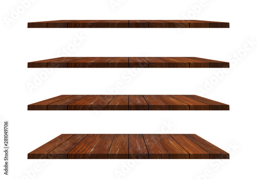 A collection of brown wooden shelves on a white background that separates the objects. There are Clipping Paths for the designs and decoration