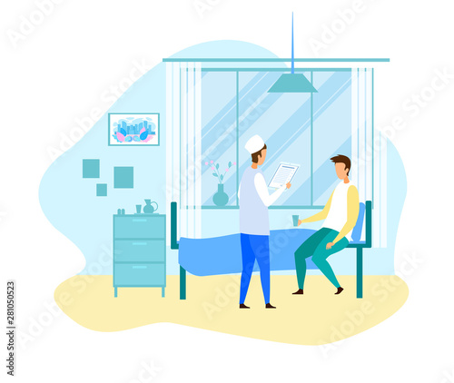 Cartoon Doctor Visit Male Patient at Hospital Ward