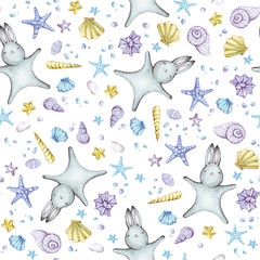 Crédence de cuisine Aquarelle ensemble 1 patrons Cute seamless pattern with watercolor rabbits.  © BloomPix