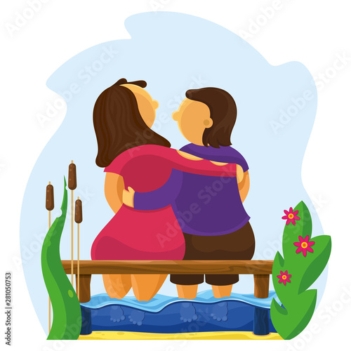 Character. Lovers hug on the pier. Feet lowered into the sea. Around flowers and reeds. Friendship and love between a woman and a man. Color illustration in flat style. Vector.