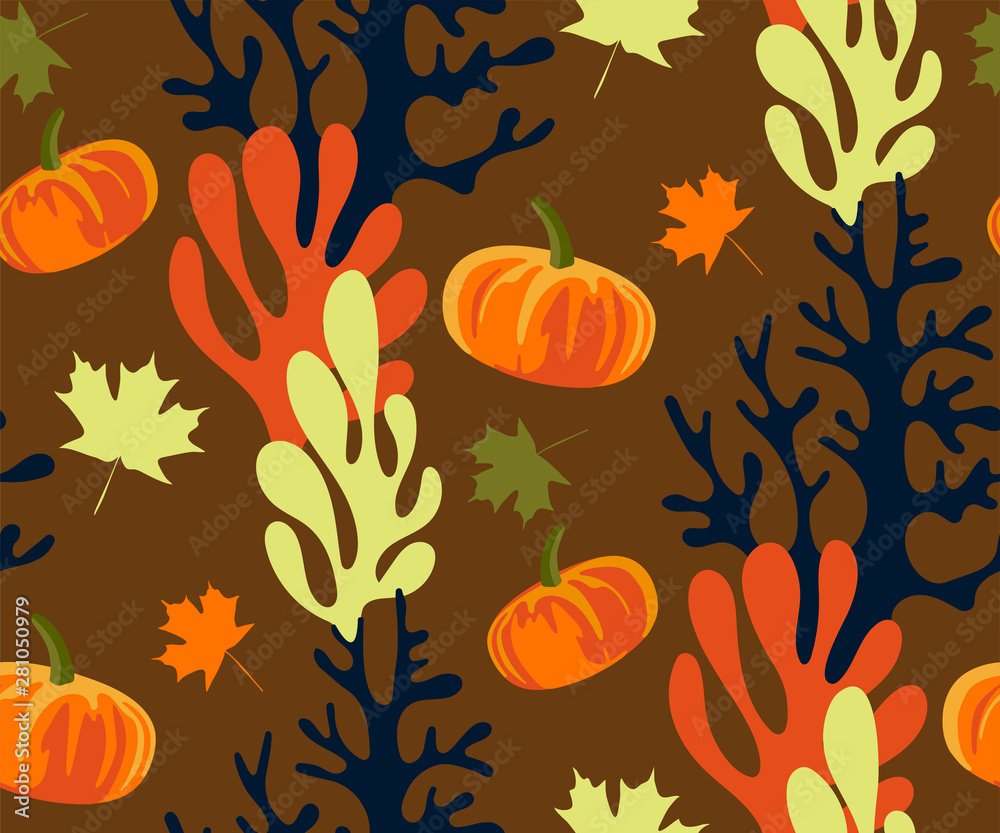 Naklejka premium Vector autumn leaves and pumpkin, halloween pattern. Floral stock vector illustration