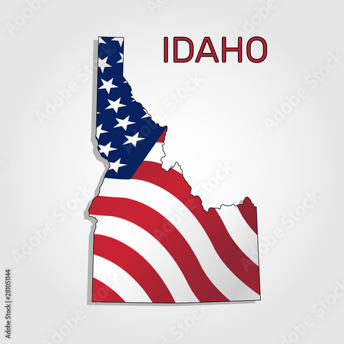 Map of the state of Idaho in combination with a waving the flag of the United States. Idaho silhouette or borders for geographic themes - Vector photo