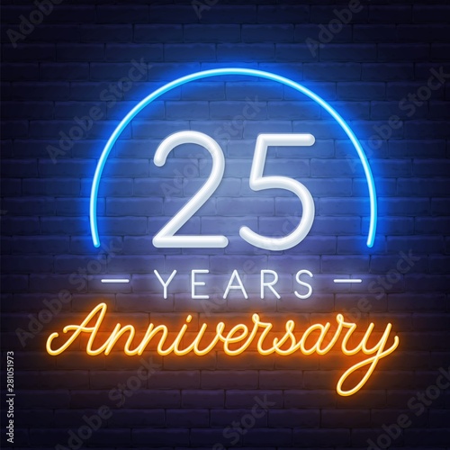 25th anniversary Celebration neon sign on a dark background.