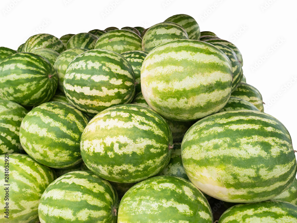 Lots of ripe watermelons. Isolate on white background. Lots of ripe watermelons. Isolate on white background.
