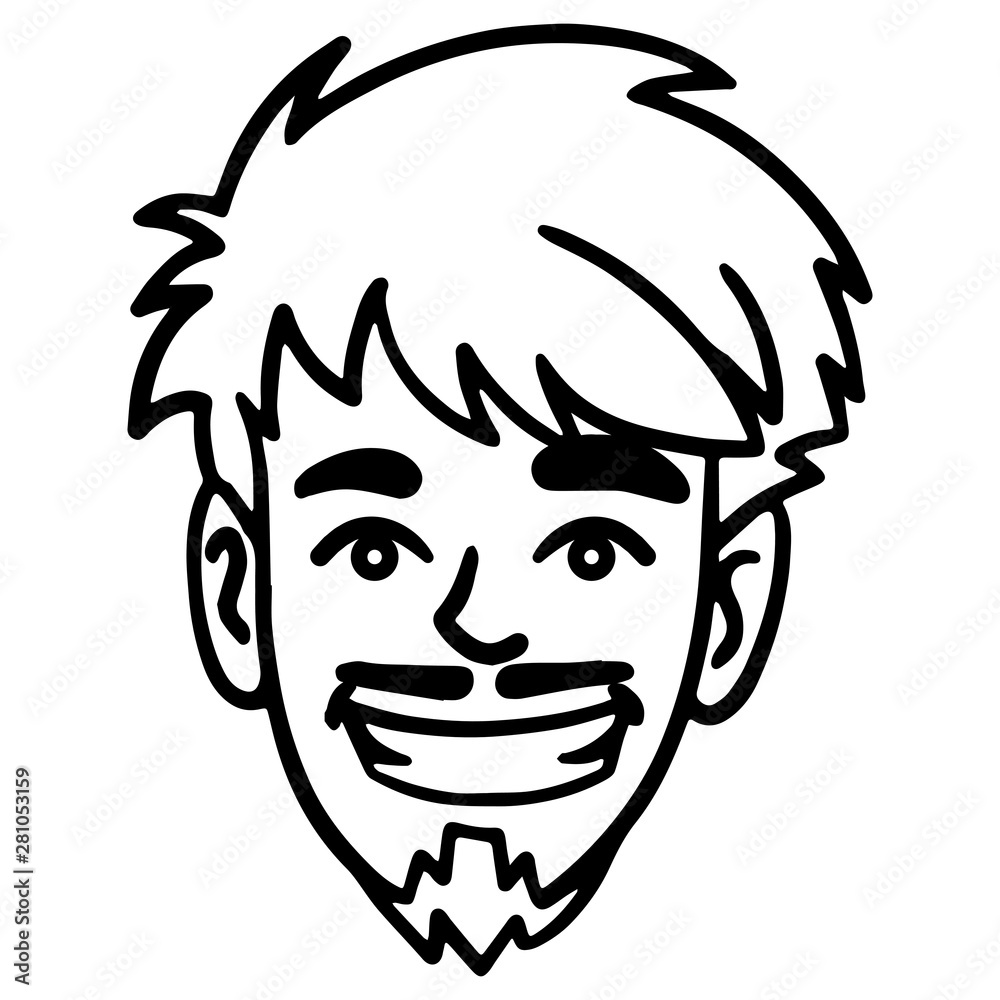 Face of a boy with a curly head and beard laughing. Character, scribble,  outline, comic, ink, sketch, doodle, vector, illustration, line, cartoon,  black, white, drawing, stroke, monochrome Stock Vector | Adobe Stock