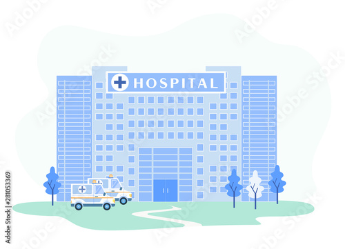 Hospital Building Facade with Emergency Ambulances