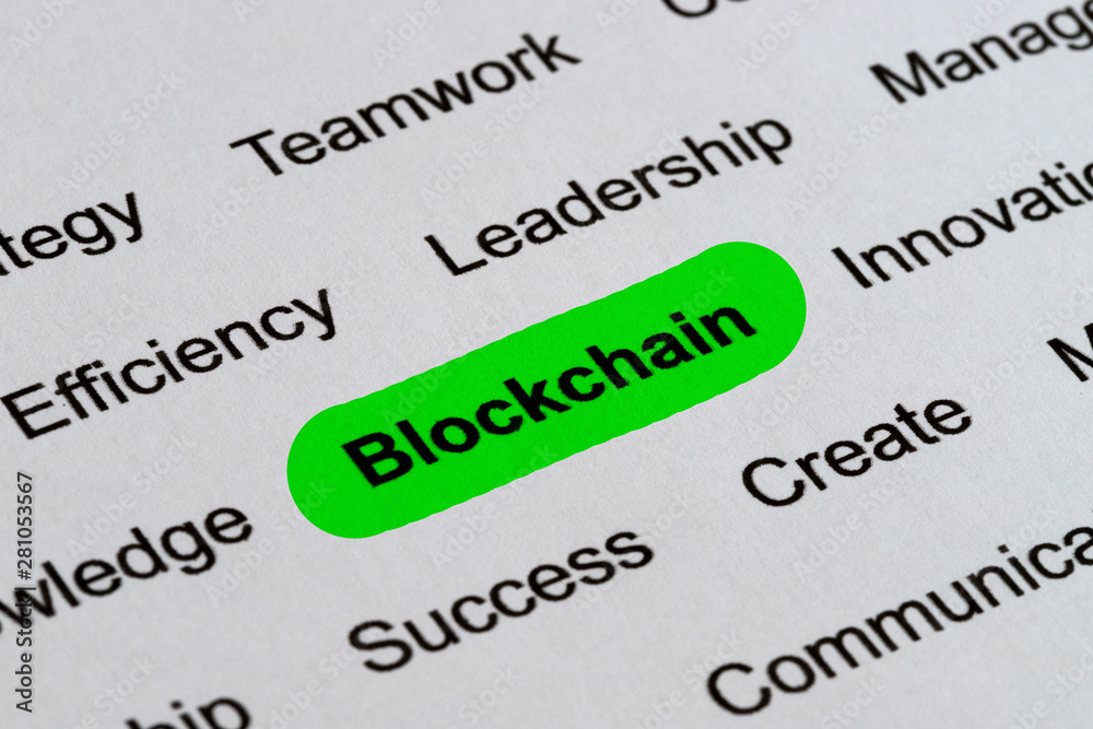 Blockchain - Technology Business Buzzwords, printed on white paper and highlighted Blockchain - Technology Business Buzzwords, printed on white paper and highlighted