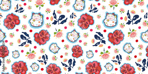 White vector repeat pattern with happy maneki neko cat and red folk art and geranium florals. Japan inspired pattern. Perfect for paper and textile projects or events. Surface pattern design.