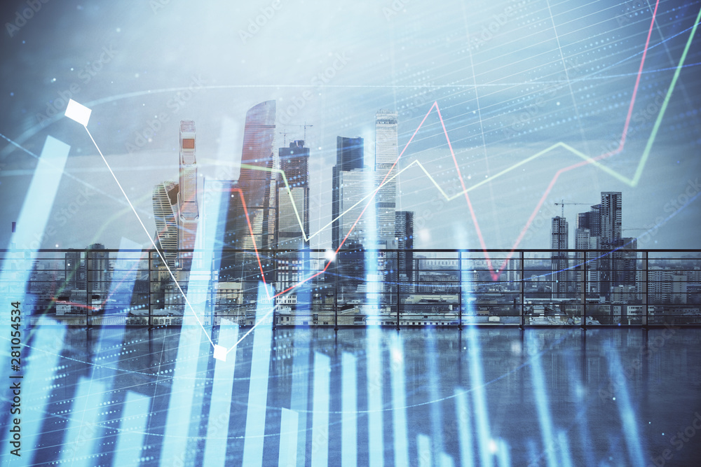 Forex graph hologram with city view from roof background. Double exposure. Stock market concept. Forex graph hologram with city view from roof background. Double exposure. Stock market concept.