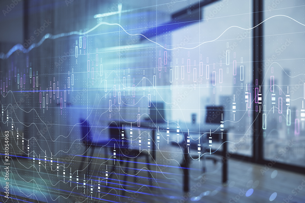 Fototapeta premium Business theme graph hologram with minimalistic cabinet interior background. Double exposure. Stock market concept.