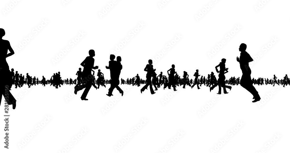 Silhouette of people running on white