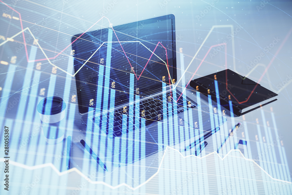 Forex graph hologram with desktop office computer background. Double exposure. Concept of financial analysis. Forex graph hologram with desktop office computer background. Double exposure. Concept of financial analysis.