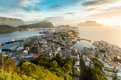 Vászonkép Cityscape of Alesund city at sunset, Norway, Beautiful sunset landscape