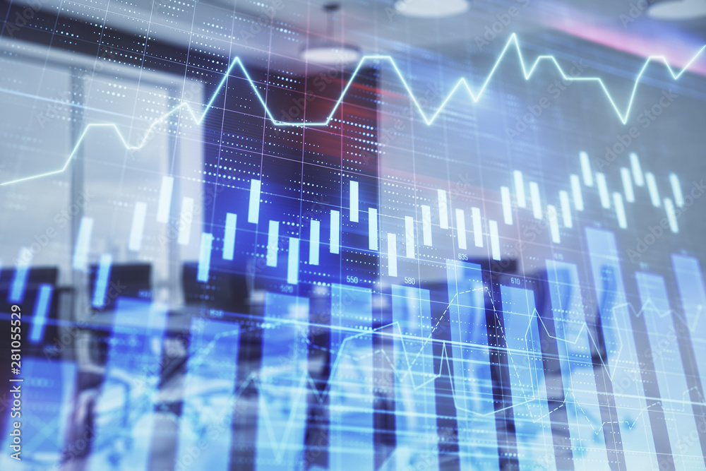 Double exposure of forex chart on conference room background. Concept of stock market analysis