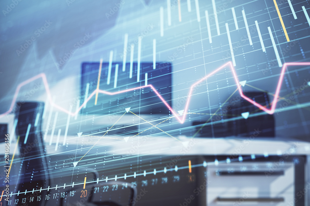 Stock market chart and desktop office computer background. Multi exposure. Concept of financial analysis.