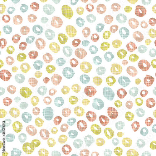 Fototapeta Naklejka Na Ścianę i Meble -  colorful dots seamless pattern, handdrawn circles with linen texture grunge effect background. Great for folk modern wallpaper, backgrounds, invitations, packaging design. Surface pattern design