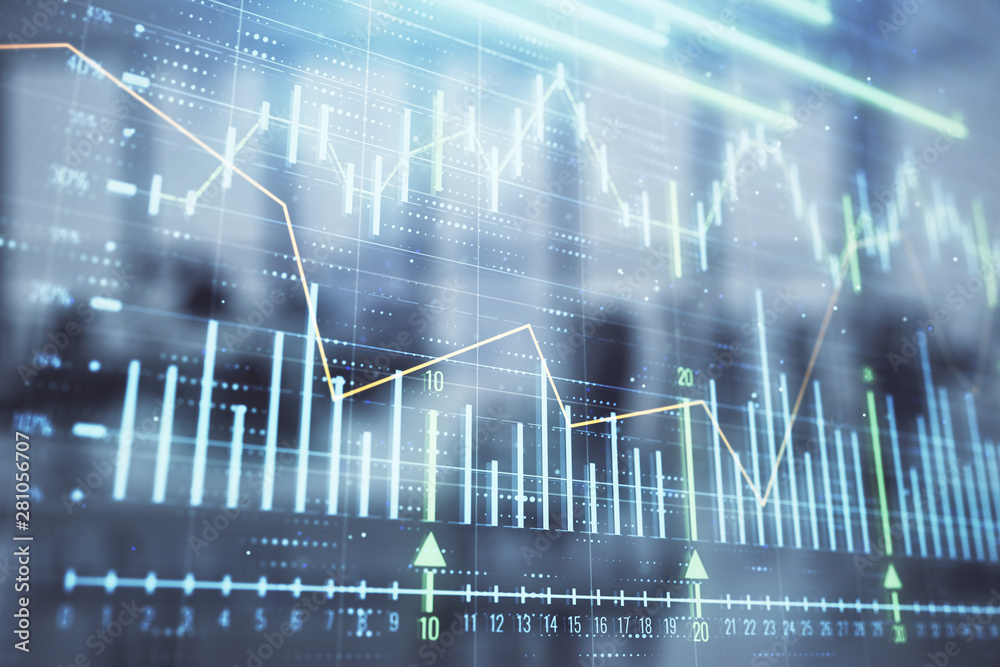 Stock and bond market graph with trading desk bank office interior on background. Multi exposure. Concept of financial analysis Stock and bond market graph with trading desk bank office interior on background. Multi exposure. Concept of financial analysis