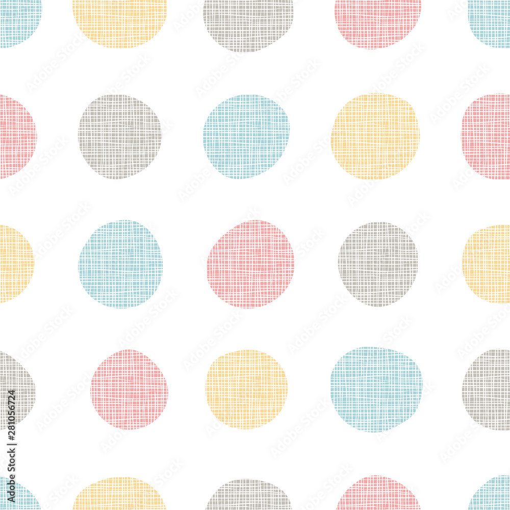 colorful dots seamless pattern, handdrawn circles with linen texture grunge effect background. Great for folk modern wallpaper, backgrounds, invitations, packaging design. Surface pattern design