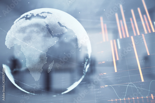 Stock and bond market graph and world map with trading desk bank office interior on background. Multi exposure. Concept of international finance