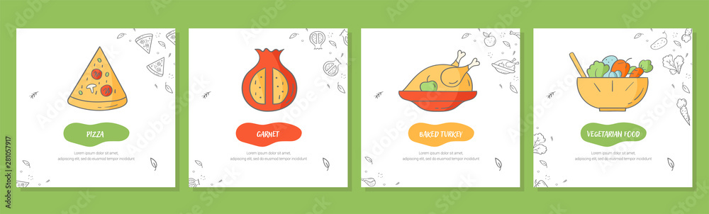 Set of colorful food illustrations. Hand drawn modern nutrition concept. Food banner template