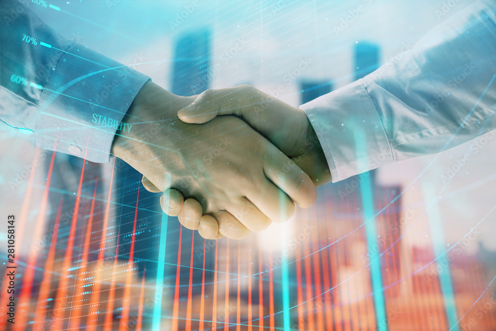Double exposure of financial graph on cityscape background with two businessman handshake. Concept of stock market deal Double exposure of financial graph on cityscape background with two businessman handshake. Concept of stock market deal