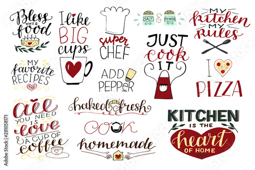 14 hand-lettering quotes about food  coffee  tea  kitchen Homemade. Add paper. Bless food. Super chef. Just cook it. I love pizza.