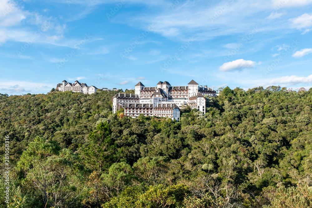 Campos do Jordao, Sao Paulo, May 20, 2019: Way to the Itapeva Lookout. Hotels located near the lookout.